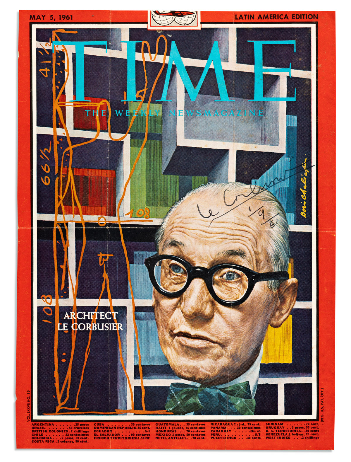 LE CORBUSIER. Time magazine cover dated and Signed, at middle right.